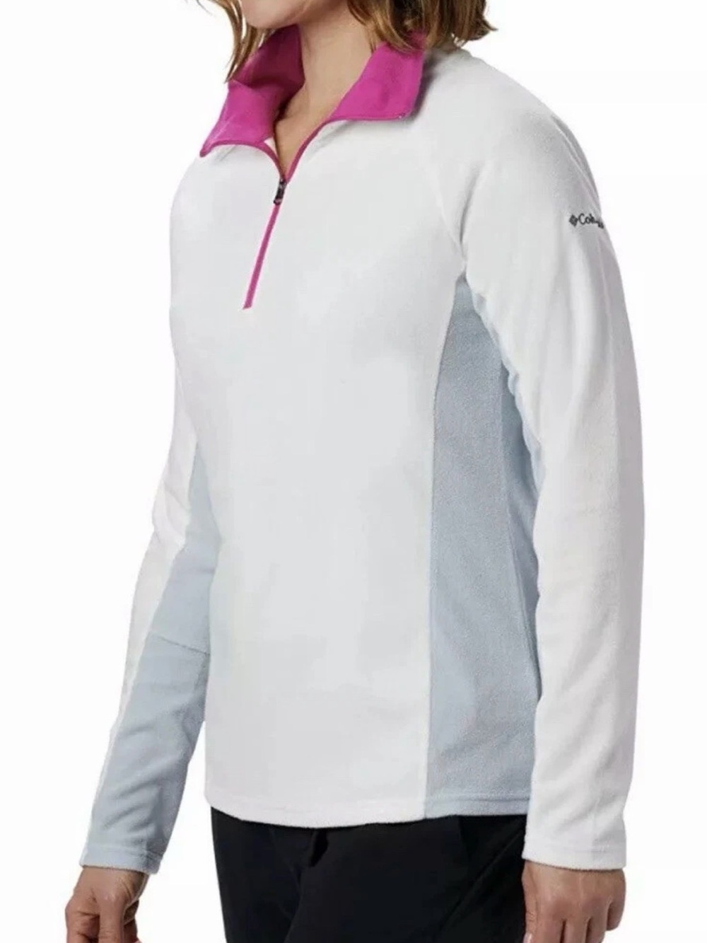 Columbia White Pullover Fleece with Pink Collar and Gray Panels
